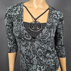 Y2K Gothic Grunge Fairy Top Size S Circular Ring Black Gray Lace Print